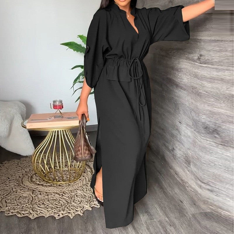 V-Neck Tie-Waist Loose Dress
