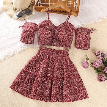 Floral Halter Drawstring Short Sleeve Half Skirt Girl's Set