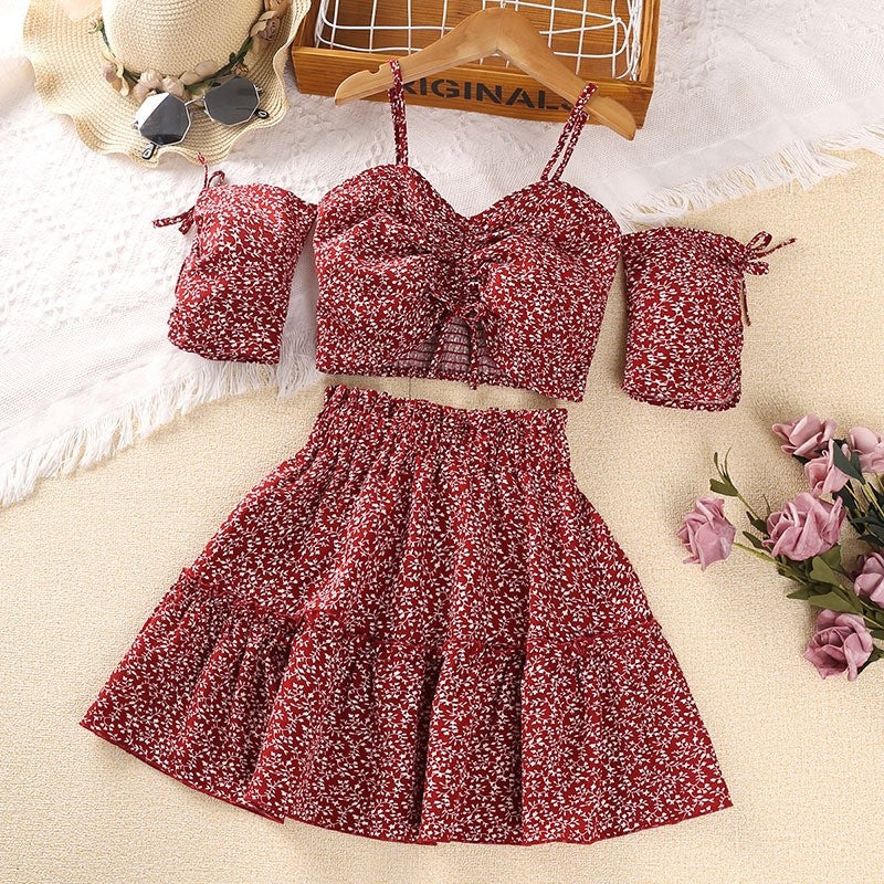 Floral Halter Drawstring Short Sleeve Half Skirt Girl's Set