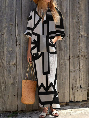 Casual Loose Half Sleeves Contrast Color Printed V-Neck Maxi Dresses