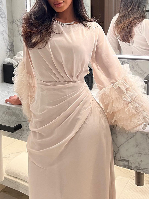 Solid Color Pleated Tied Waist Flared Sleeves Long Sleeves Maxi Dresses