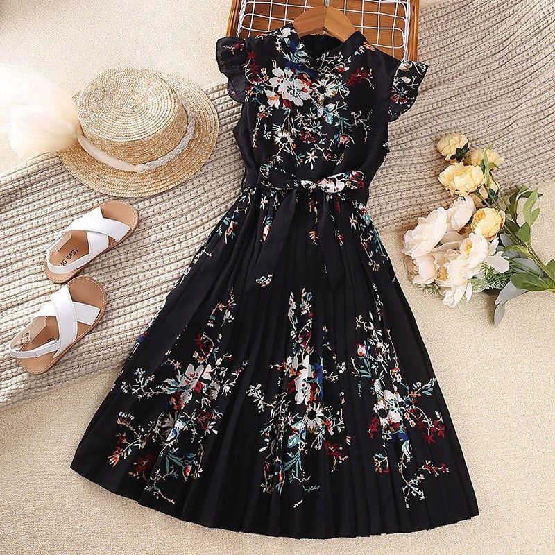 Girls' Printed Dash Sleeve Lace-Up Dress