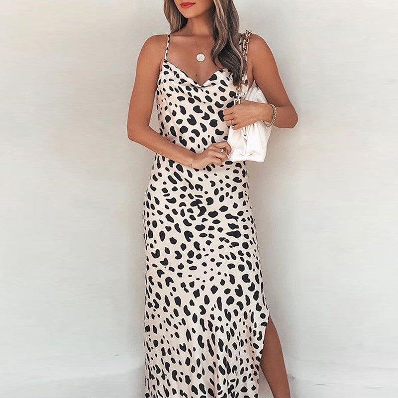 Leopard Print Slit V-Neck Midi Slip Dress