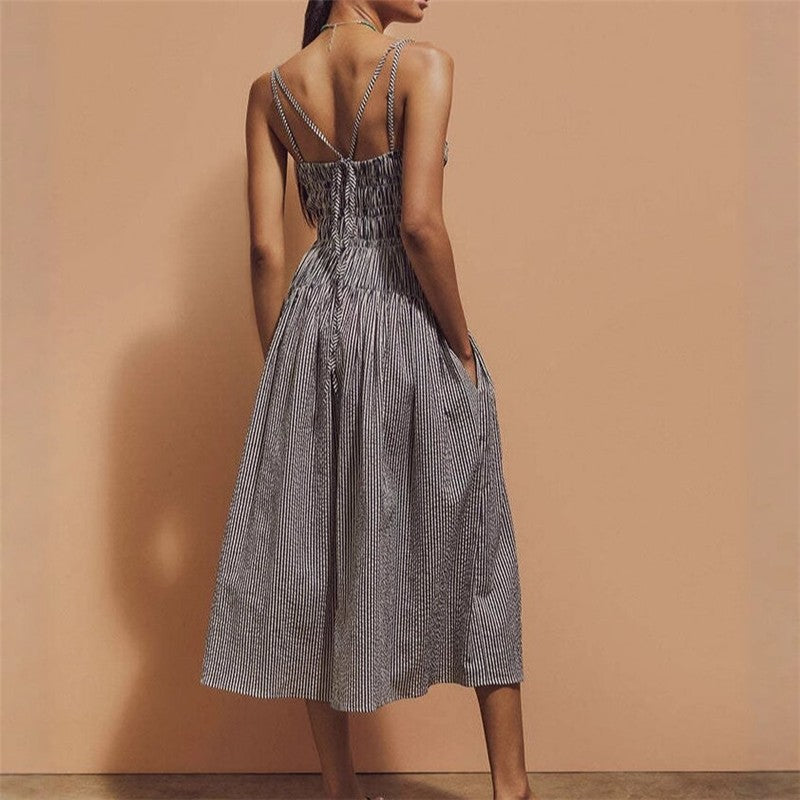 Sleeveless Ruffled Striped A-Line Dress