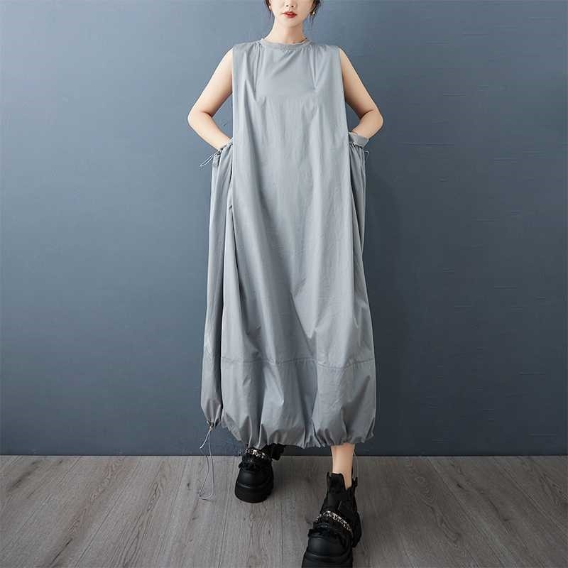 Loose Sleeveless Pocket Drawstring Dress