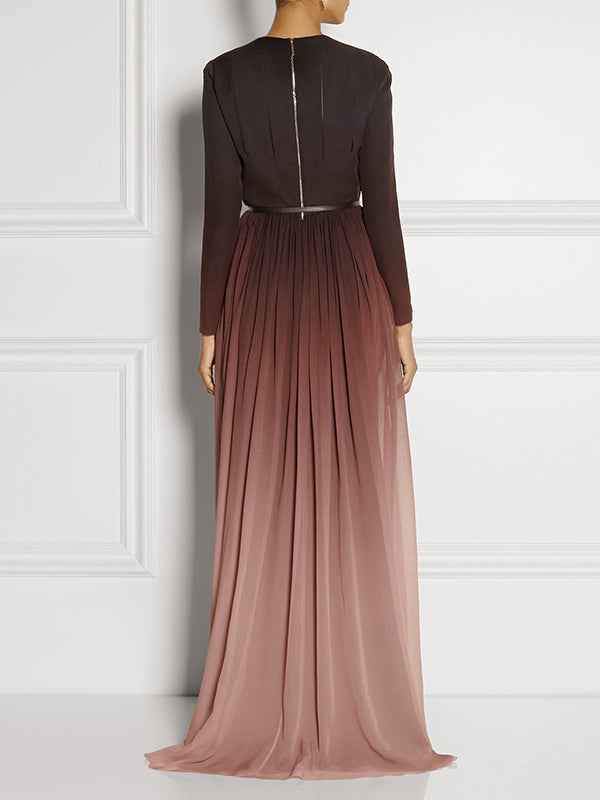 Loose Belted Contrast Color Hollow Pleated Zipper Round-Neck Maxi Evening Dresses