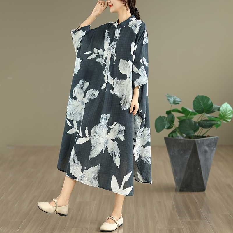 Loose Print Mandarin Collar Midi Dress