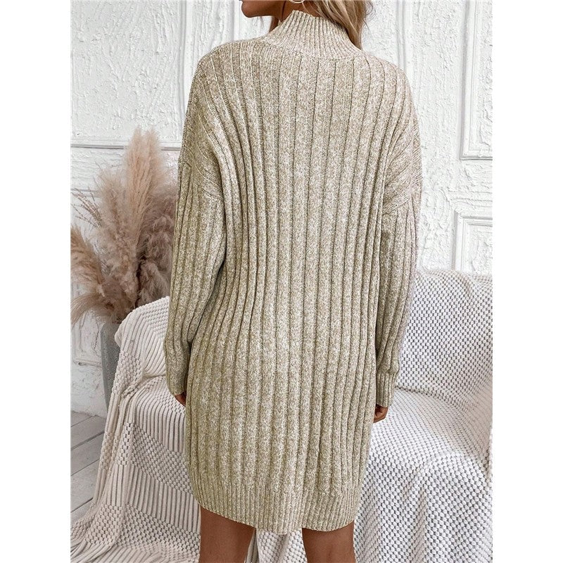 Solid Color High Neck Long Sleeve Knit Bodycon Dress