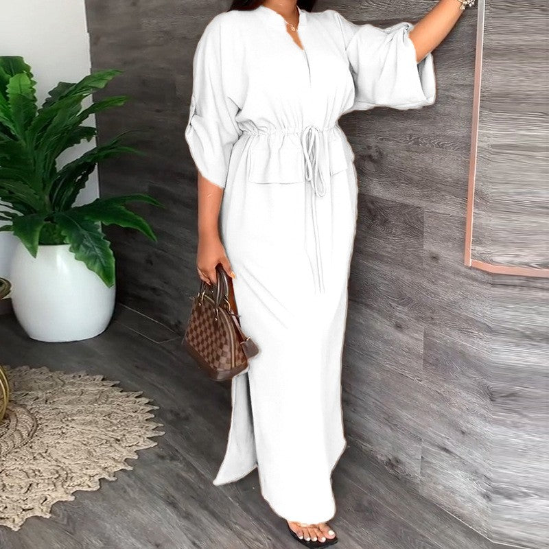 V-Neck Tie-Waist Loose Dress