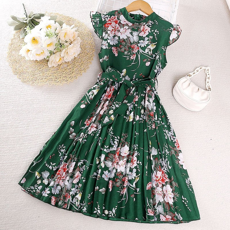 Girl's Lace-Up Printed Dash Sleeve Dress