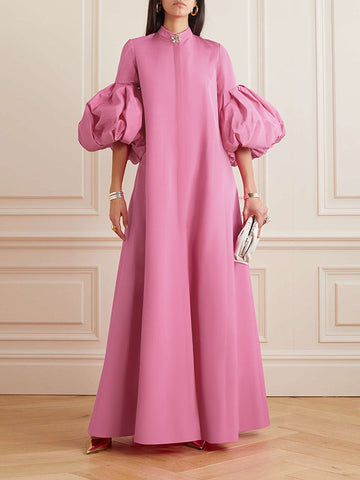 Loose Flower Shape Solid Color Stand Collar Evening Dresses Maxi Dresses