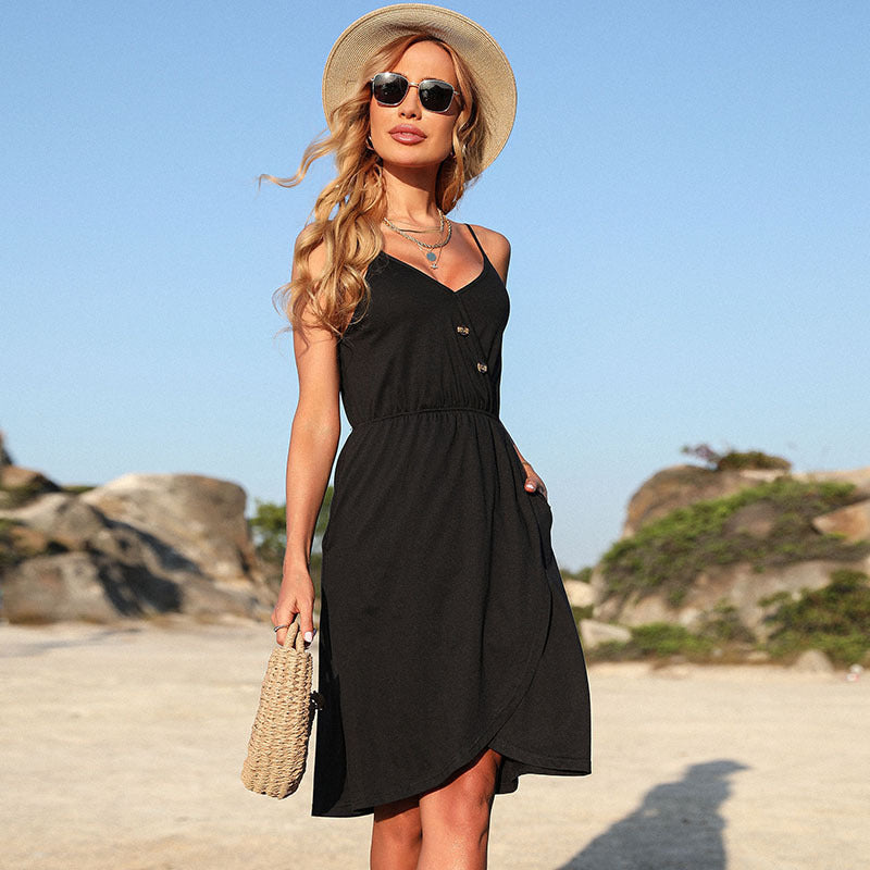 Sling Solid Irregular Midi Dress