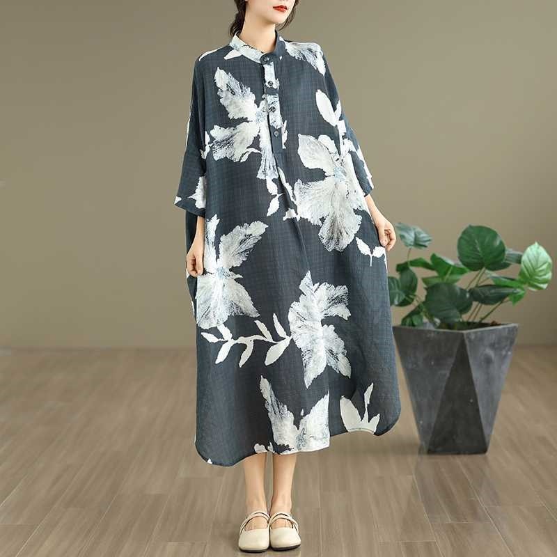 Loose Print Mandarin Collar Midi Dress