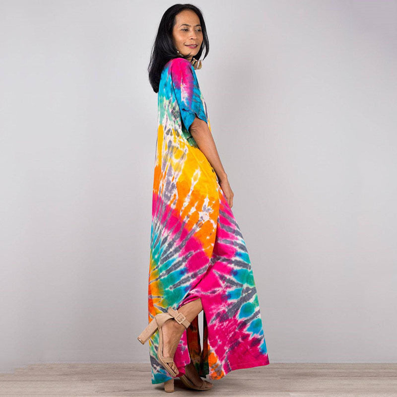 Short Sleeves Tie-Dyed Split Maxi Dress