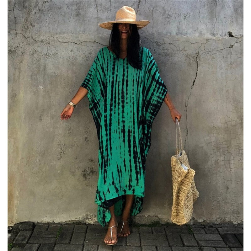 Half Sleeves V-Neck Tie-Dyed Maxi Dress