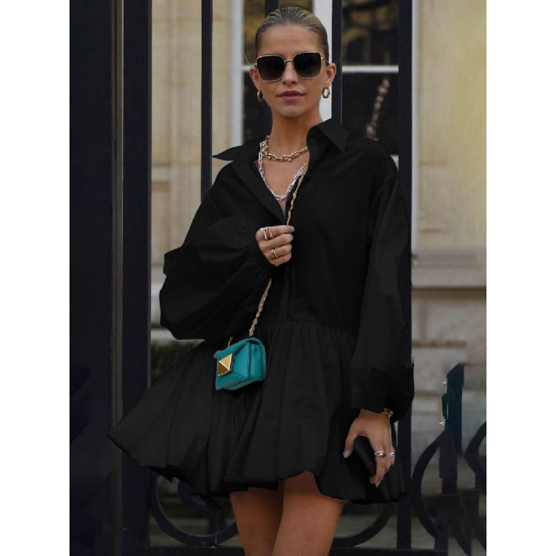 Urban Puff Sleeves Buttoned Split-Joint Solid Color Lapel Mini Dresses Shirt Dress