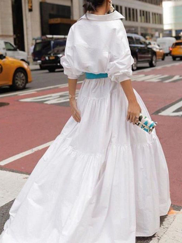Long Sleeves Loose Belted Pleated Solid Color Lapel Maxi Dresses Shirt Dress