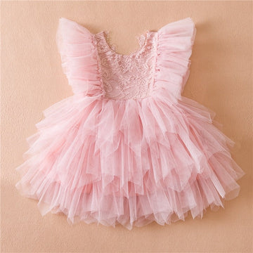 Girls' Solid Color Lace Embroidered Tulle Princess Dress