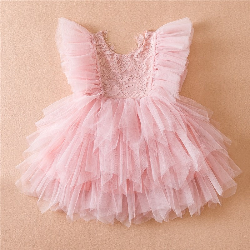 Girls' Solid Color Lace Embroidered Tulle Princess Dress