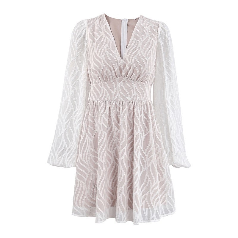 V Neck Floral Embroidered Waist A Line Dress