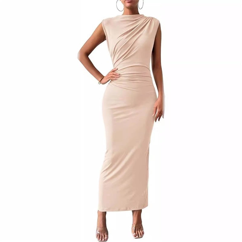 Sleeveless Back Slit Pleated Bodycon Maxi Dress