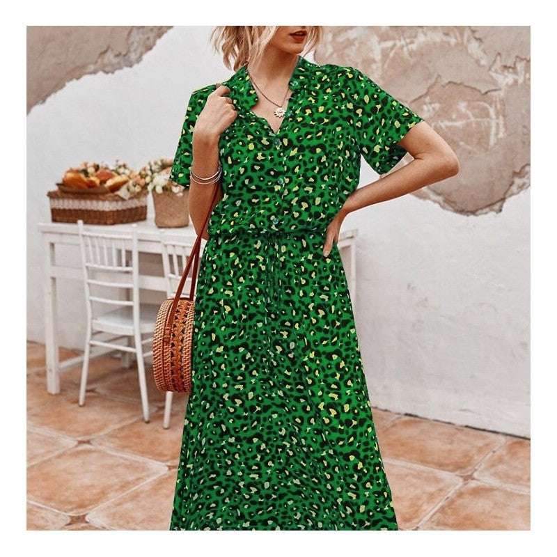 Leopard Print Short Sleeve Midi Dress