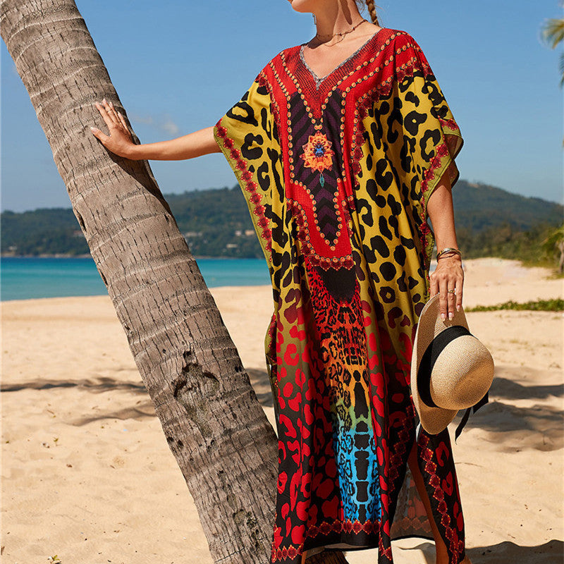 Short Sleeves Tie-Dyed Split Maxi Dress