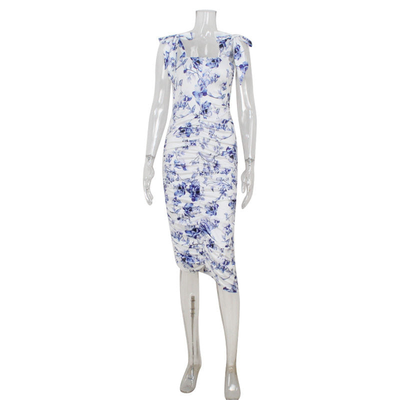 Women's  Summer Floral Print Ruched Dress Retro Fashion Trendy Casual Maxi Dresses