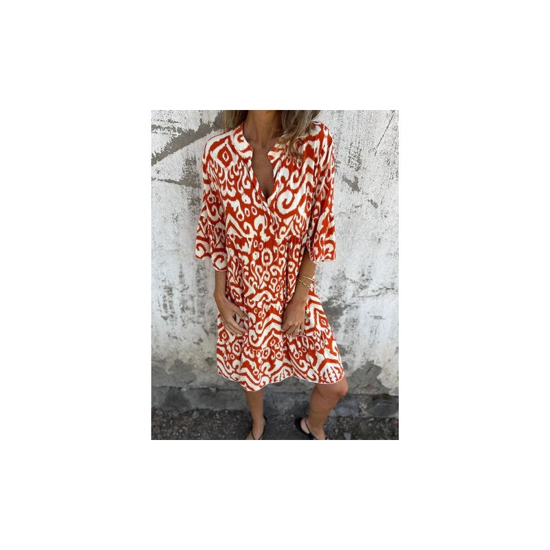 Loose V-Neck Print Pleated Short Dress