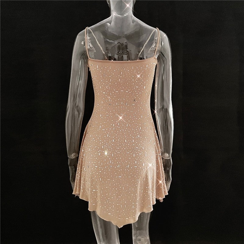 Semi-Sheer Spaghetti Strap Short Dress With Rhinestones