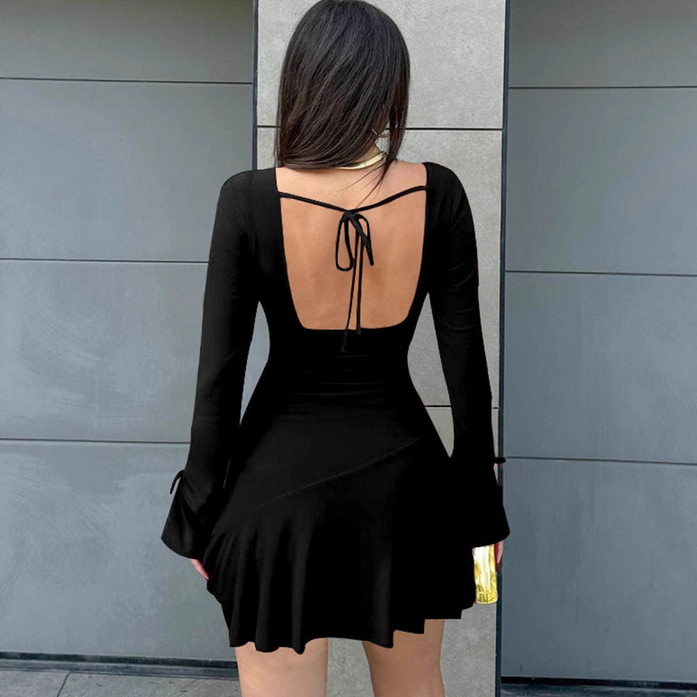 V Neck Long Sleeve Ruffle Hem Bodycon Mini Dress For Women Elegant Slim Fit Party Dresses