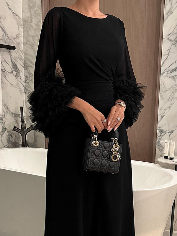 Solid Color Pleated Tied Waist Flared Sleeves Long Sleeves Maxi Dresses