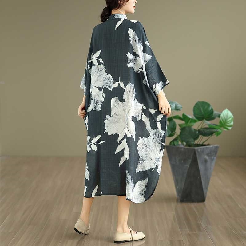 Loose Print Mandarin Collar Midi Dress