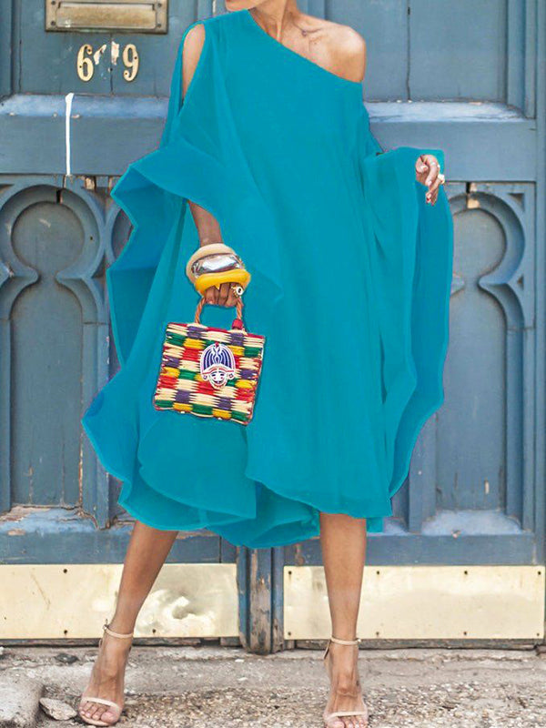 Batwing Sleeves Asymmetric Solid Color Cold Shoulder Midi Dresses