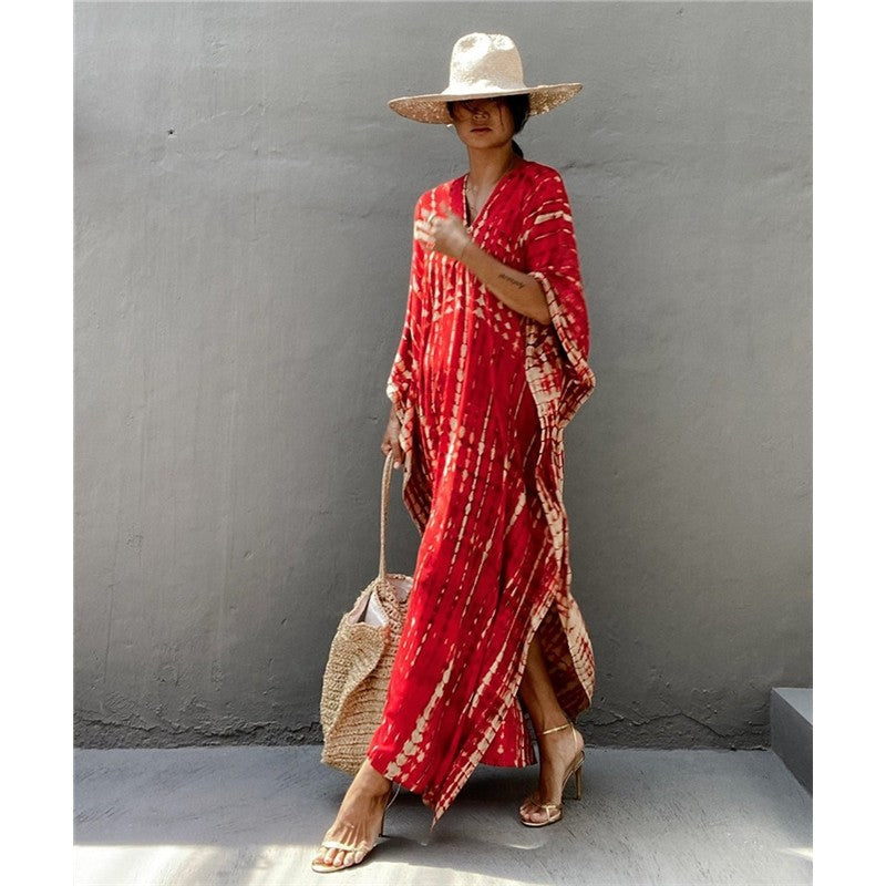 Half Sleeves V-Neck Tie-Dyed Maxi Dress