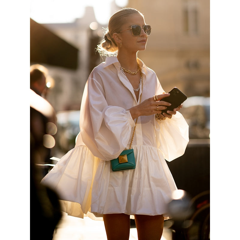 Urban Puff Sleeves Buttoned Split-Joint Solid Color Lapel Mini Dresses Shirt Dress