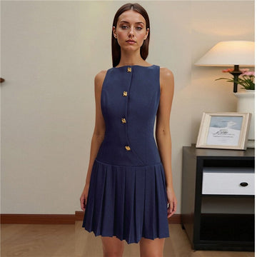 Sleeveless Pleated Waist Short Dress
