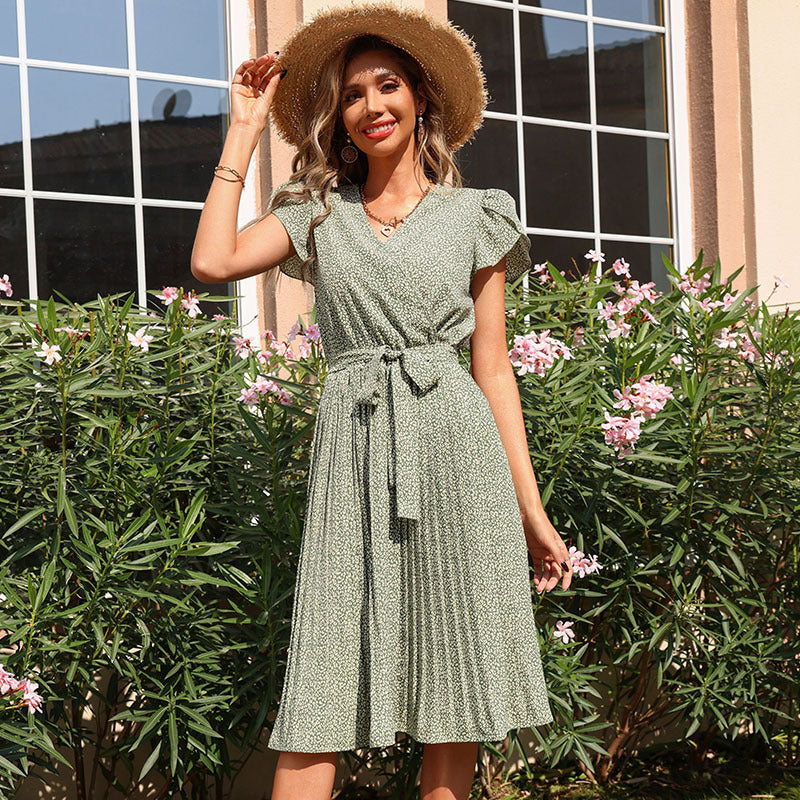 Short Sleeves Printed Wrinkled Mini Dress