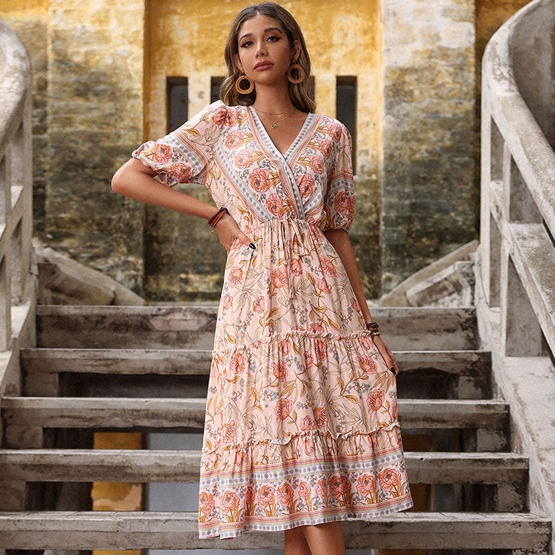 V-Neck Short Sleeves Printed Midi Dress