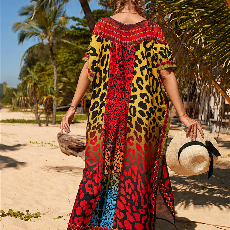 Short Sleeves Tie-Dyed Split Maxi Dress