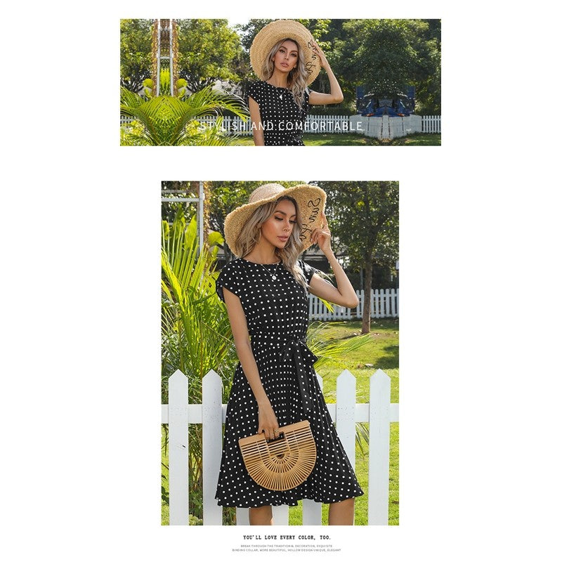 Polka-Dot Short-Sleeve Lace-Up Boho Dress