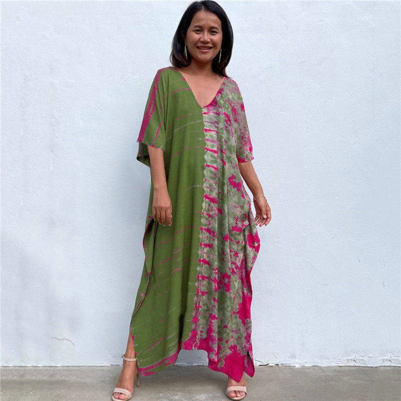 Half Sleeves V-Neck Tie-Dyed Maxi Dress