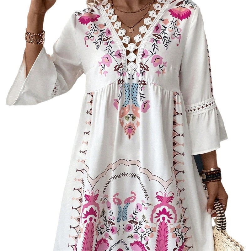 V Neck Lace Trim Print Casual Dress