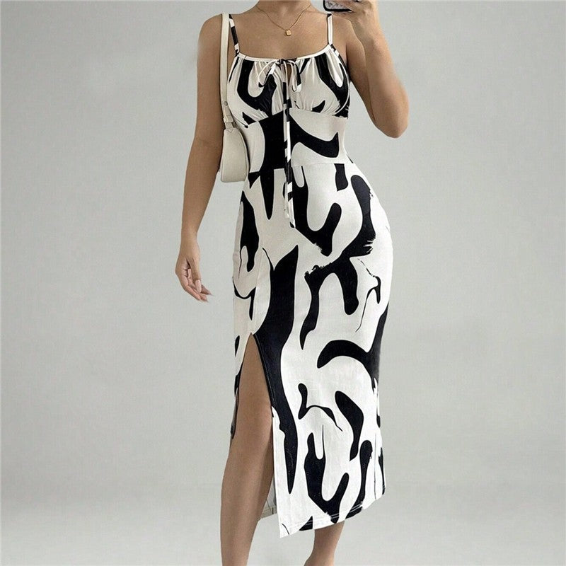 Midi Print Slit Thigh Slip Dress