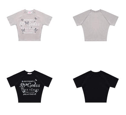 Vintage Butterfly Print Midriff Baring Short Sleeves T Shirts