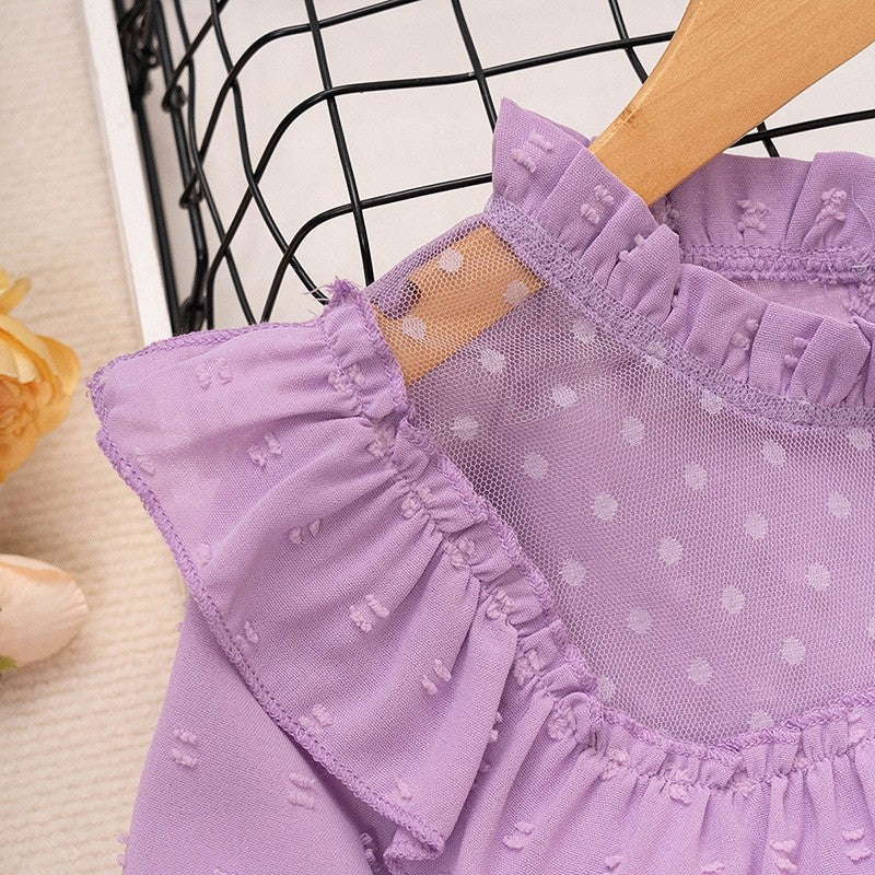 Girl's Lace Polka Dot Long Sleeve Top Half Skirt Set