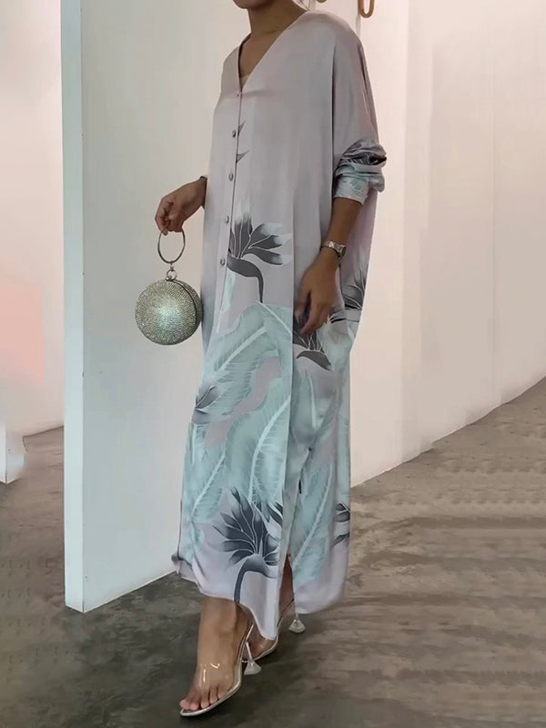 Long Sleeves Buttoned Contrast Color Flower&Leaves Print Muslim V-Neck Midi Dresses
