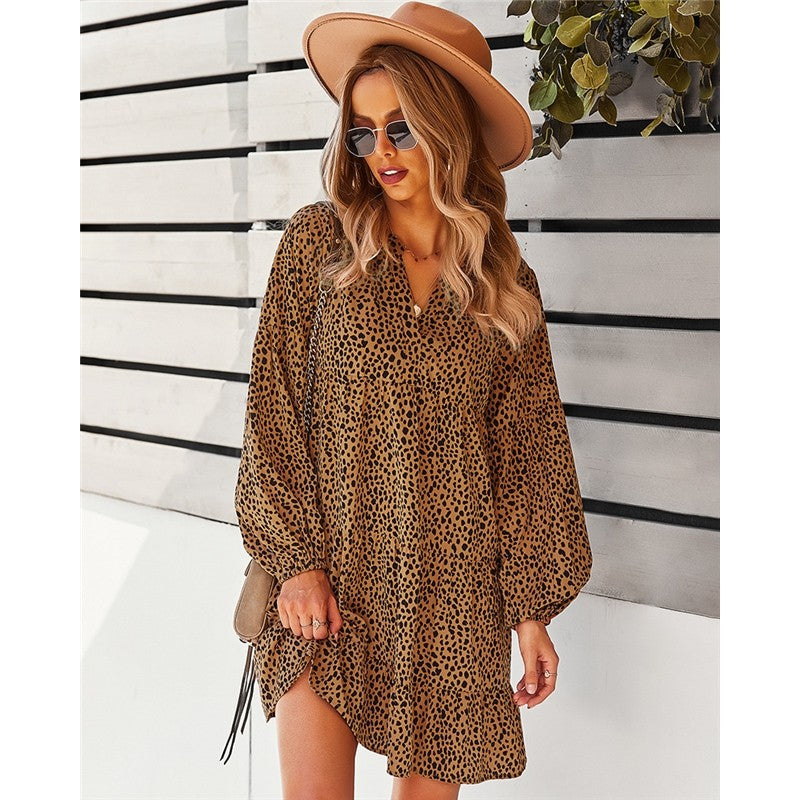 Long Sleeve V-Neck Leopard Print Casual Resort Dress