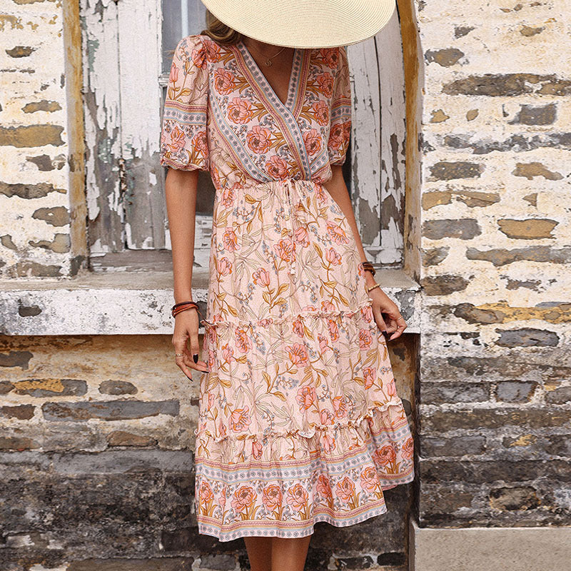 V-Neck Short Sleeves Printed Midi Dress