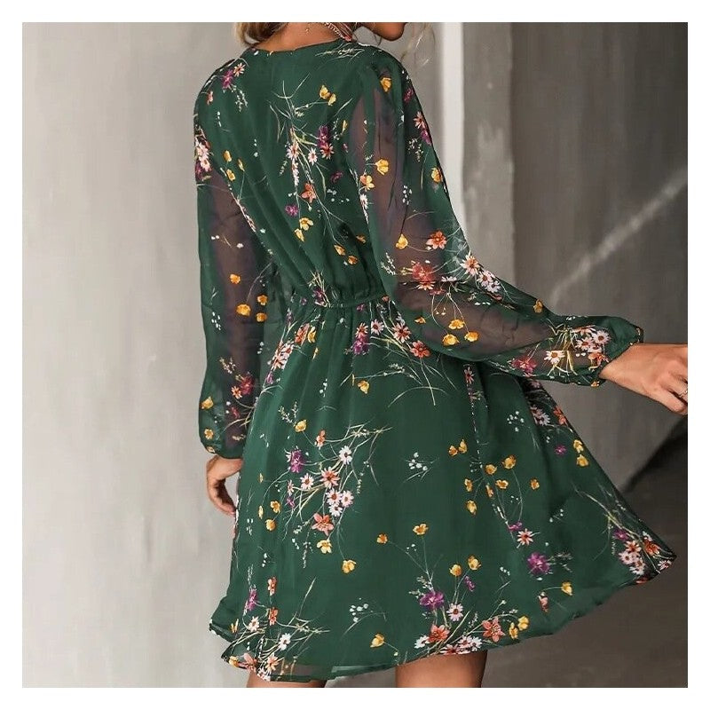 V-Neck Long Sleeve Floral Short Dress
